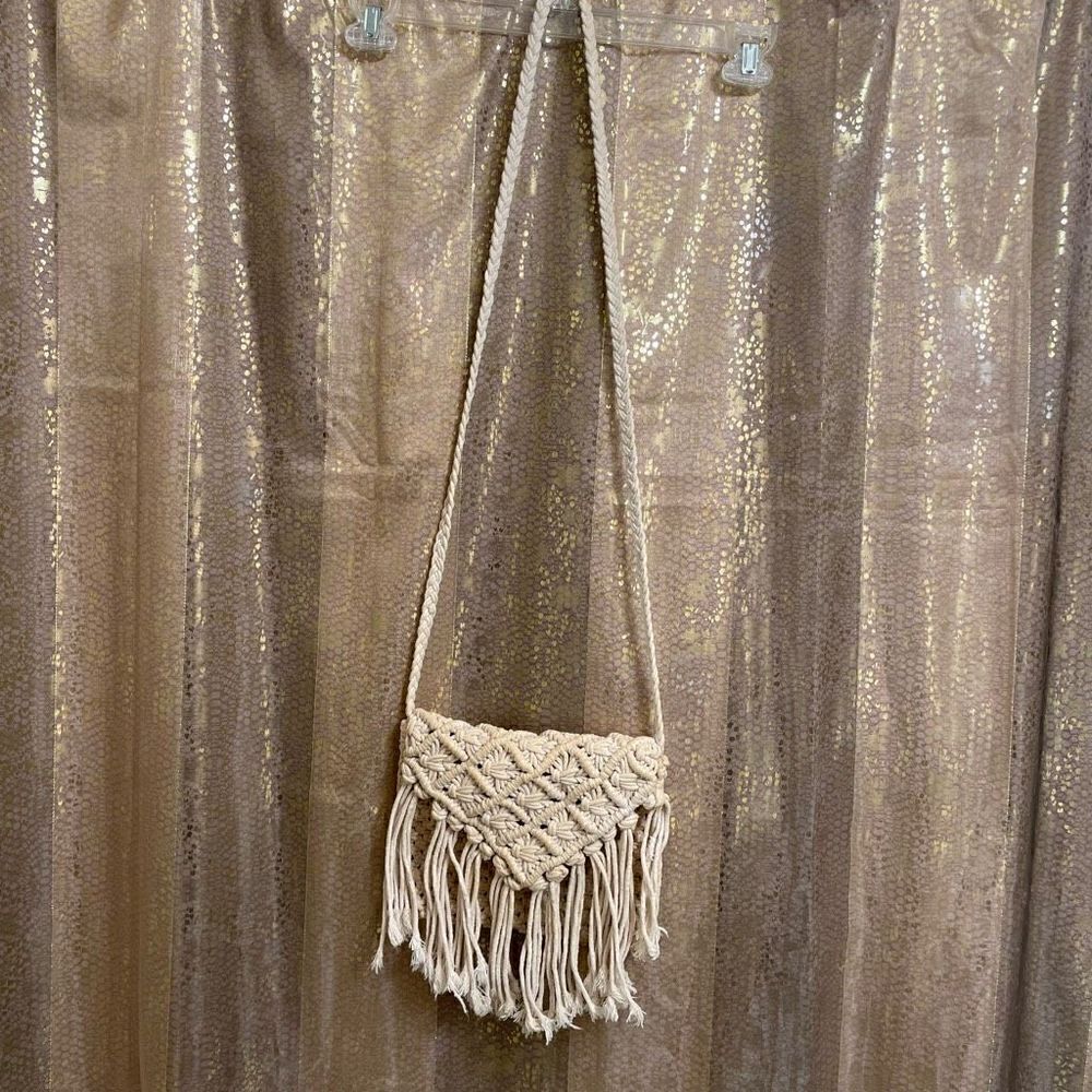 World Market Ivory Macramé Tassel Fringe Boho Crossbody Purse‎